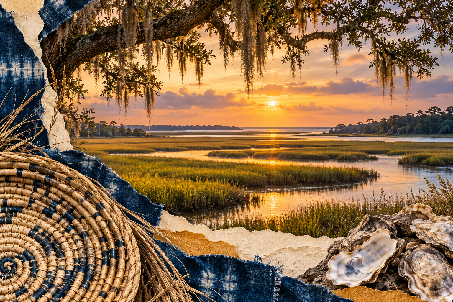 Decorative collage of a Lowcountry marsh, live oak, woven sweetgrass texture, indigo fabric and oyster shells