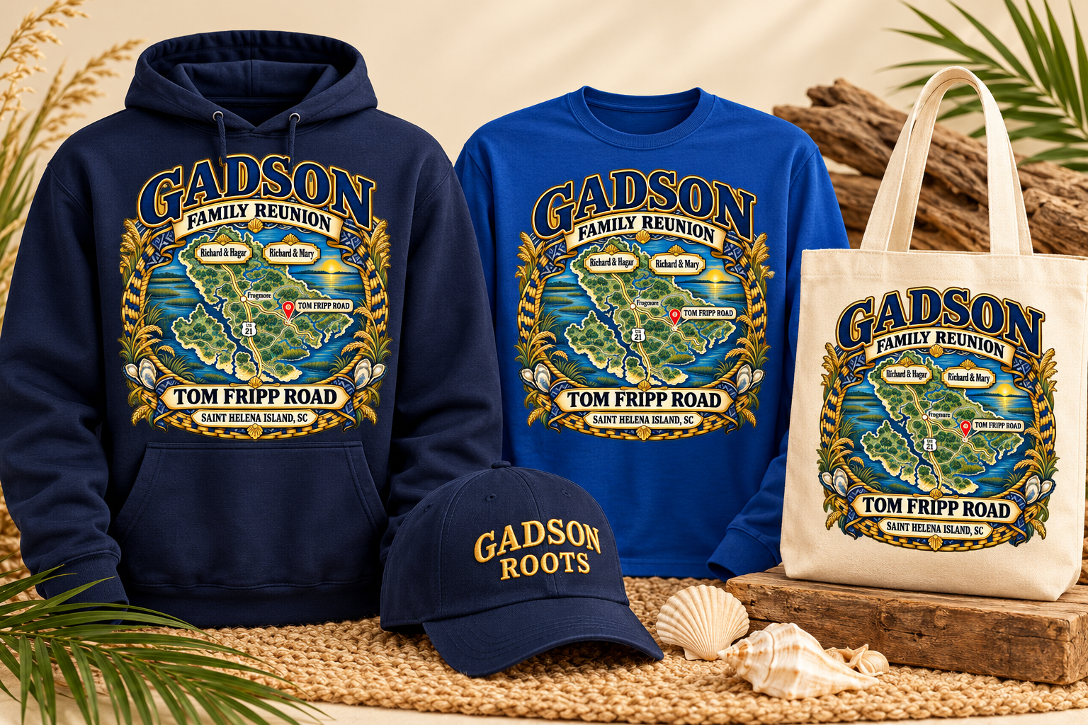 Design concepts for Gadson Roots hoodie, long-sleeve shirt, cap and tote