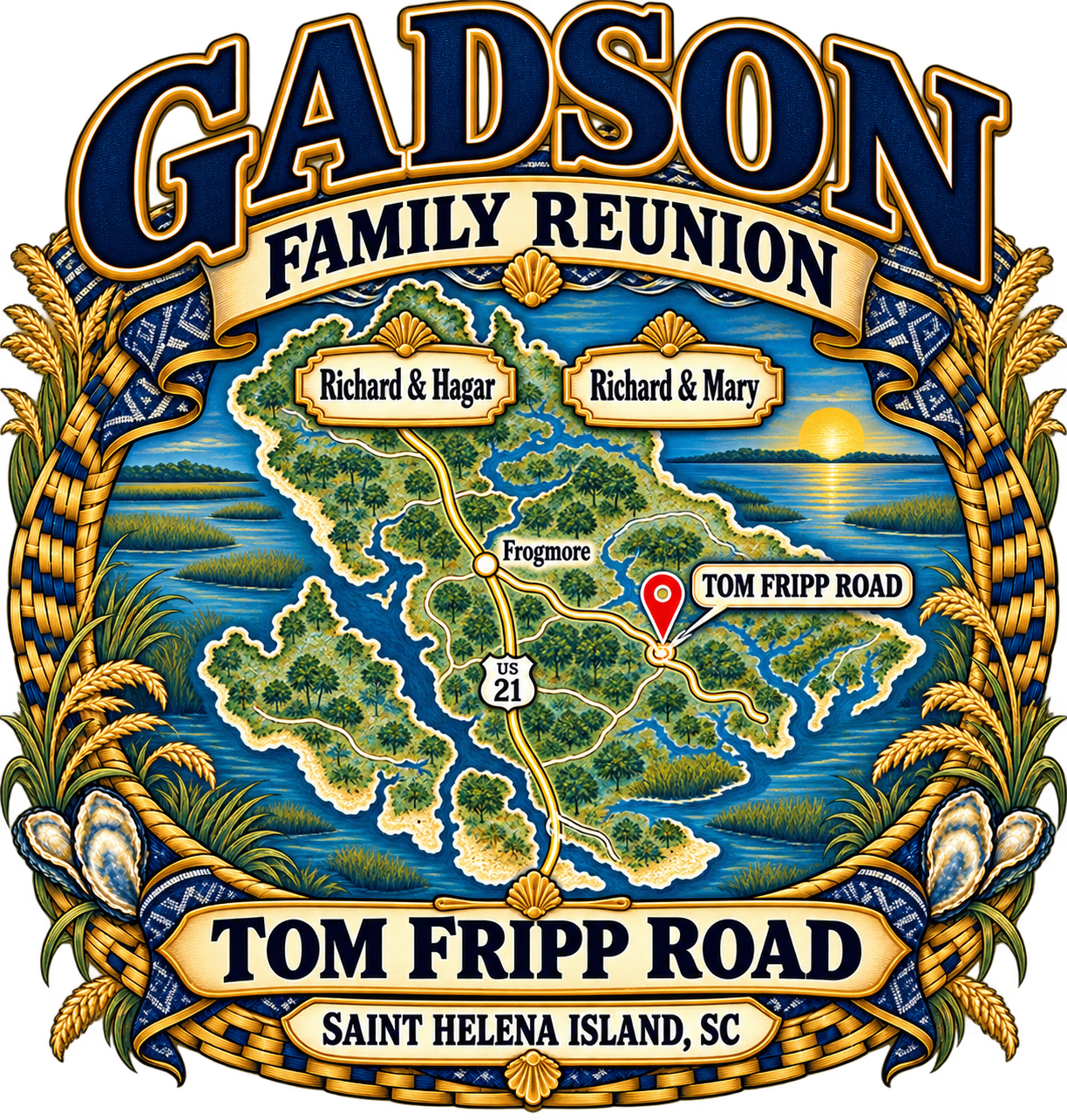 Gadson family reunion artwork honoring Richard and Hagar, Richard and Mary, and Tom Fripp Road on Saint Helena Island