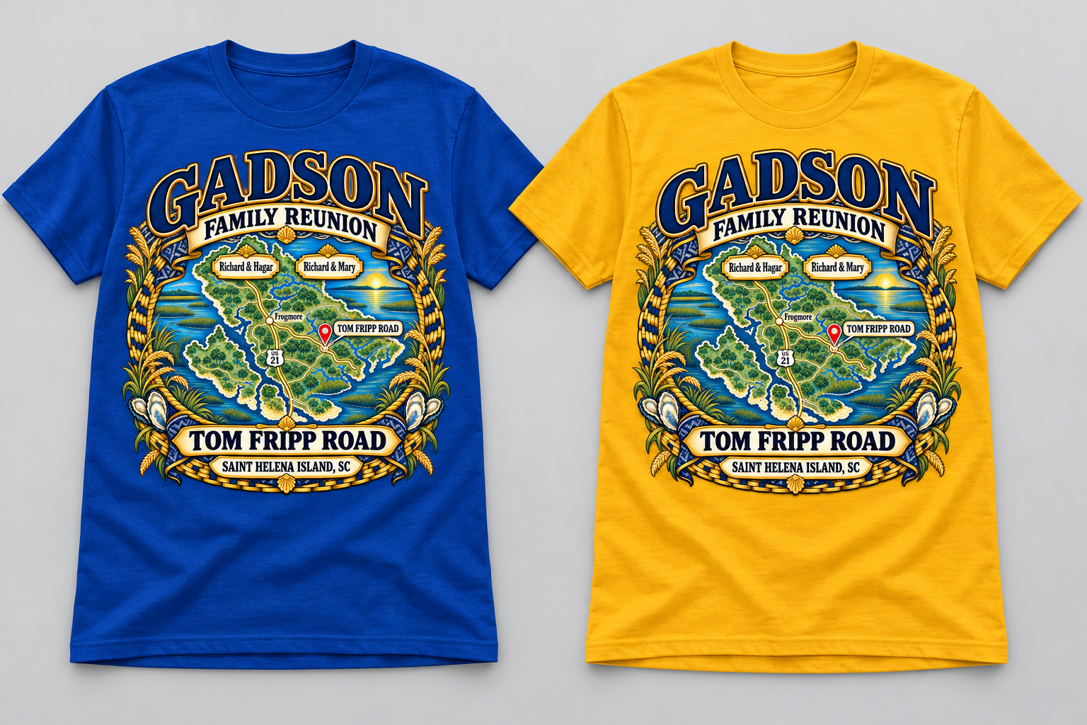 Royal blue and gold Gadson family reunion T-shirts side by side